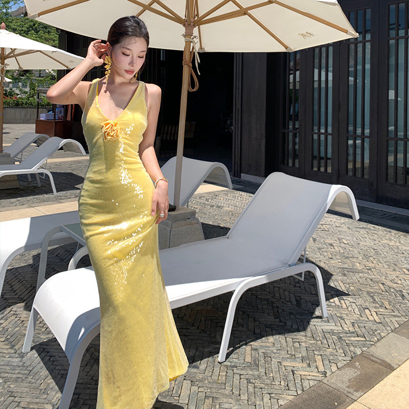 2025 daughter sequined v-neck holiday style suspender dress women's sexy backless evening dress banquet birthday dress