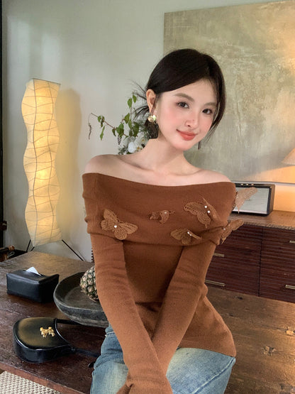 2025 popular autumn new temperament one-word collar versatile bottoming shirt long-sleeved knitted sweater women's top 25020