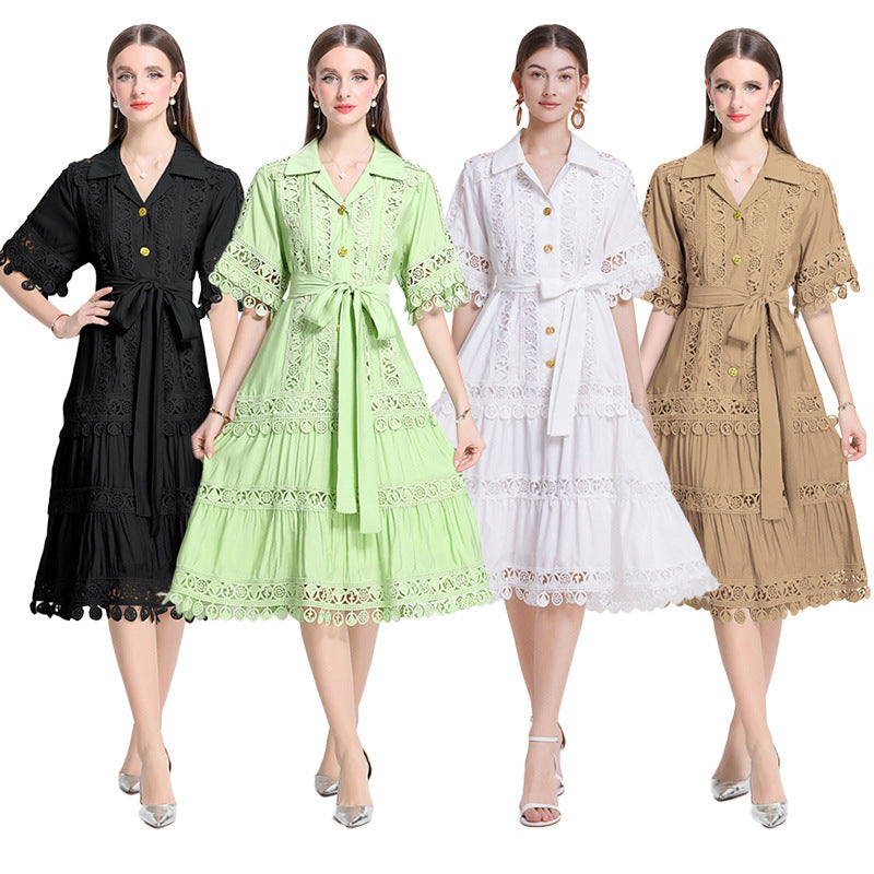 court style hollow lace splicing lapel short-sleeved dress women's lace-up waist elegant pendulum medium and long dress