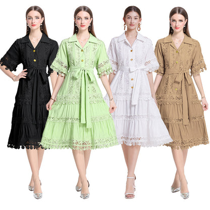 court style hollow lace splicing lapel short-sleeved dress women's lace-up waist elegant pendulum medium and long dress