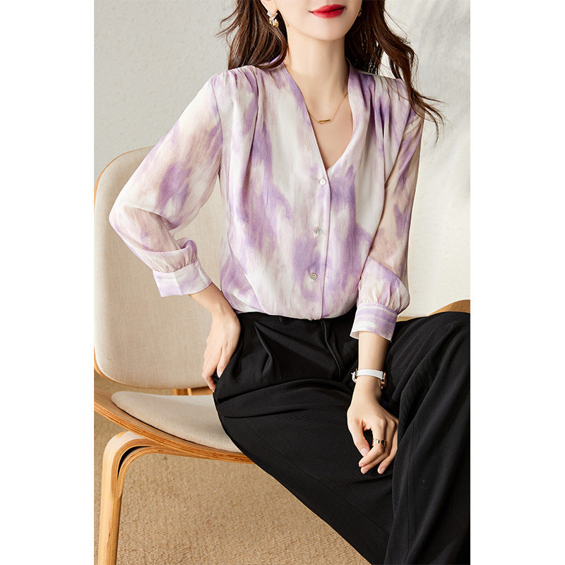 2025 Purple  silk shirt V-neck heavy double-layer mulberry silk shirt  summer women's printed top
