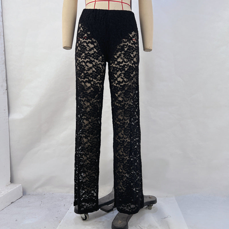 style summer hot-selling new sexy versatile lace perspective high waist splicing long straight pants women's pants