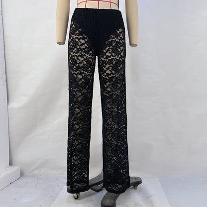 style summer hot-selling new sexy versatile lace perspective high waist splicing long straight pants women's pants