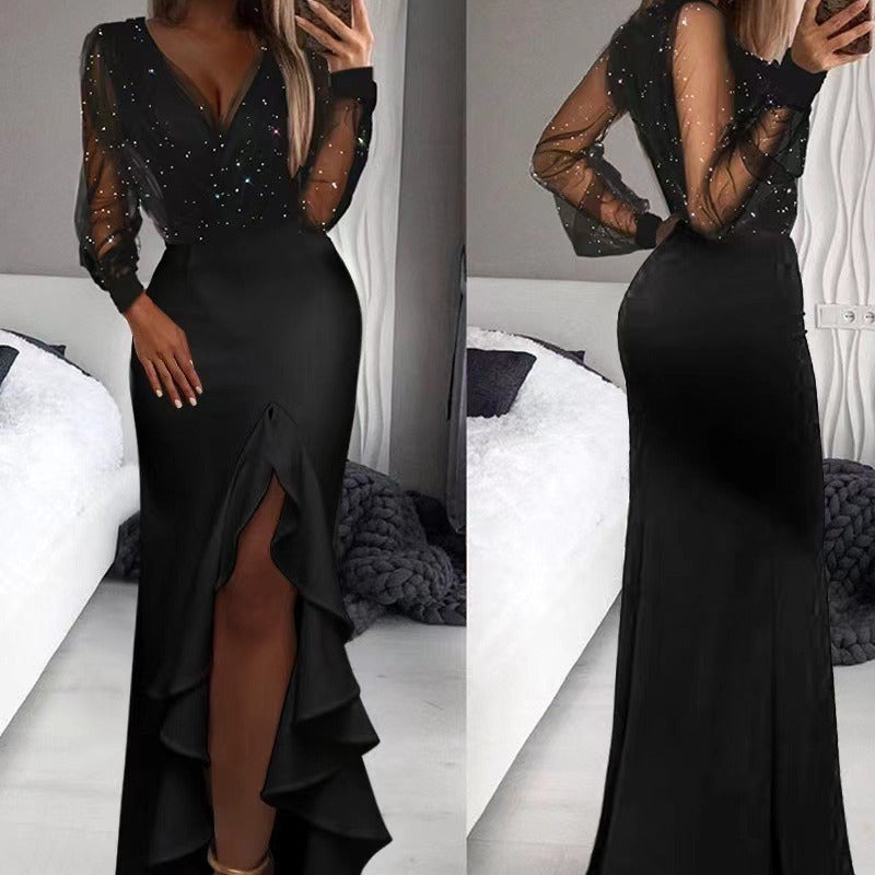 FLOWERSVERSE popular New new hip-wrapped mid-waist waist-closed black literary mesh sequined temperament commuter dress dress