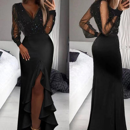 FLOWERSVERSE popular New new hip-wrapped mid-waist waist-closed black literary mesh sequined temperament commuter dress dress