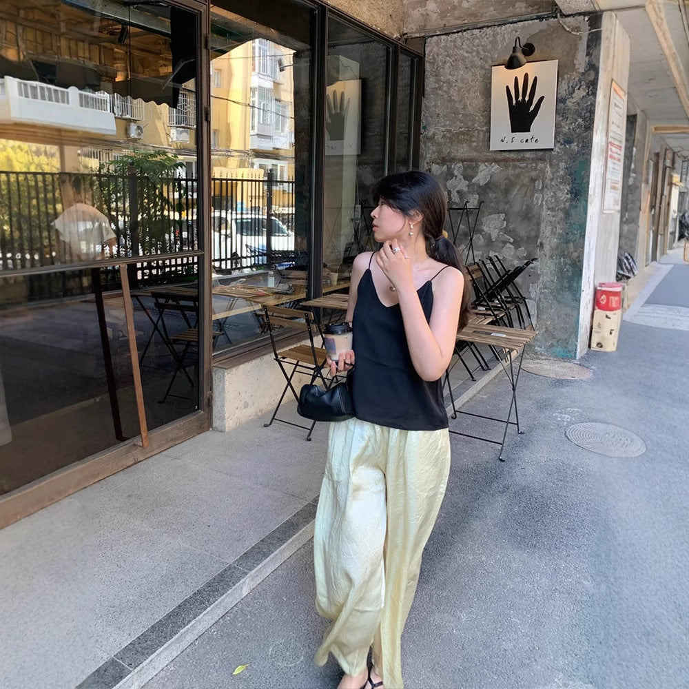 Siyuan, guest acetic acid drawstring elastic waist wide-leg pants women's niche design casual and thin lazy pants 7703