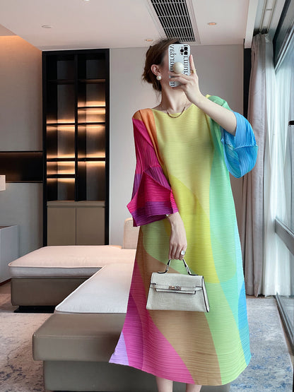 autumn Miyake new fashionable geometric printing pleated dress loose cover flesh and thin temperament long dress women