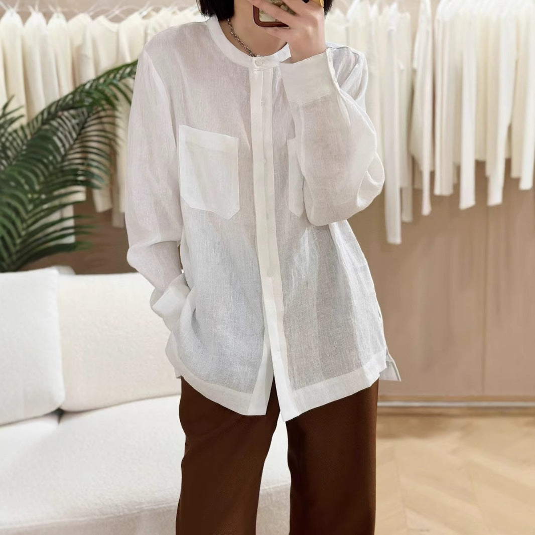 2025 Stylish casual light breathable premium linen top new solid color round neck single-breasted loose long-sleeved shirt women