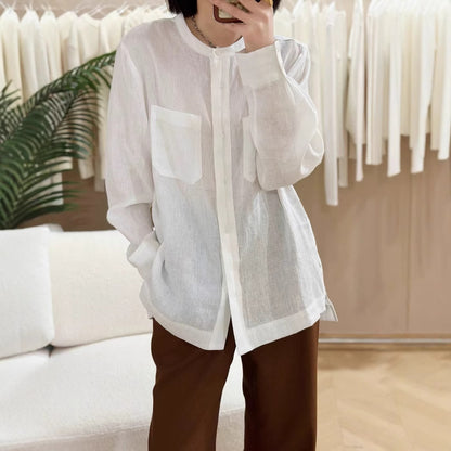 2025 Stylish casual light breathable premium linen top new solid color round neck single-breasted loose long-sleeved shirt women