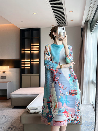 Folds  autumn new retro printing high-end Miyake dress women's loose and thin meat-covered medium and long dress