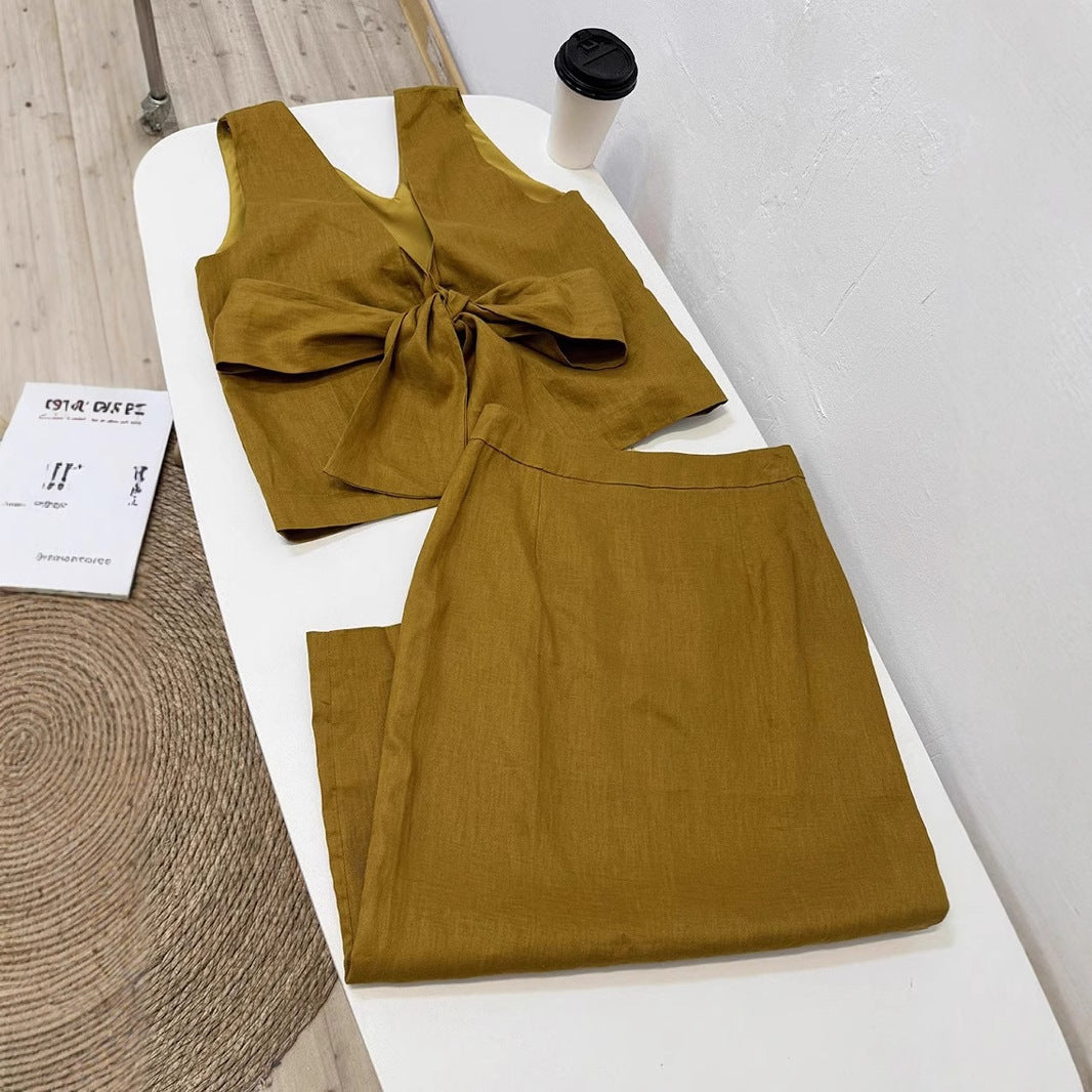 2025 Turmeric linen design back V-neck bow strap-on sleeveless vest top skirt set summer