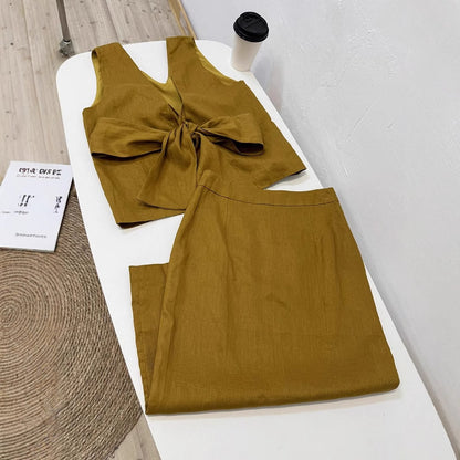 2025 Turmeric linen design back V-neck bow strap-on sleeveless vest top skirt set summer