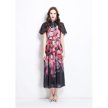 women's clothing holiday style dress women's  pearl breasted waist thin temperament printed chiffon dress