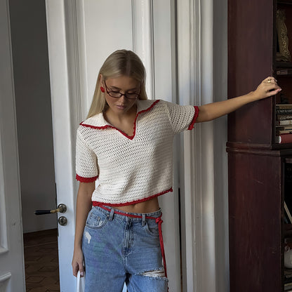 personalized summer new knitted hollow navy round neck five-quarter sleeve polo shirt front shoulder women's short loose and spicy