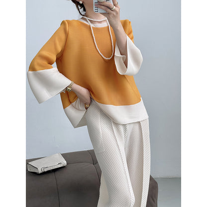 Miyake  summer new round neck color matching lantern sleeves loose pleated top femininity thin versatile T-shirt