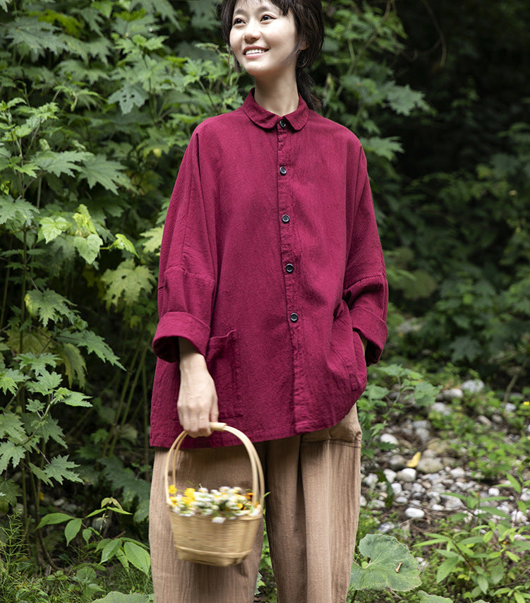 Shan Qian Nianyi 2021 Spring and Autumn Cotton and Linen Long Sleeve Cardigan Shirt Lapel Solid Color Linen Women's Peter Pan Collar Shirt