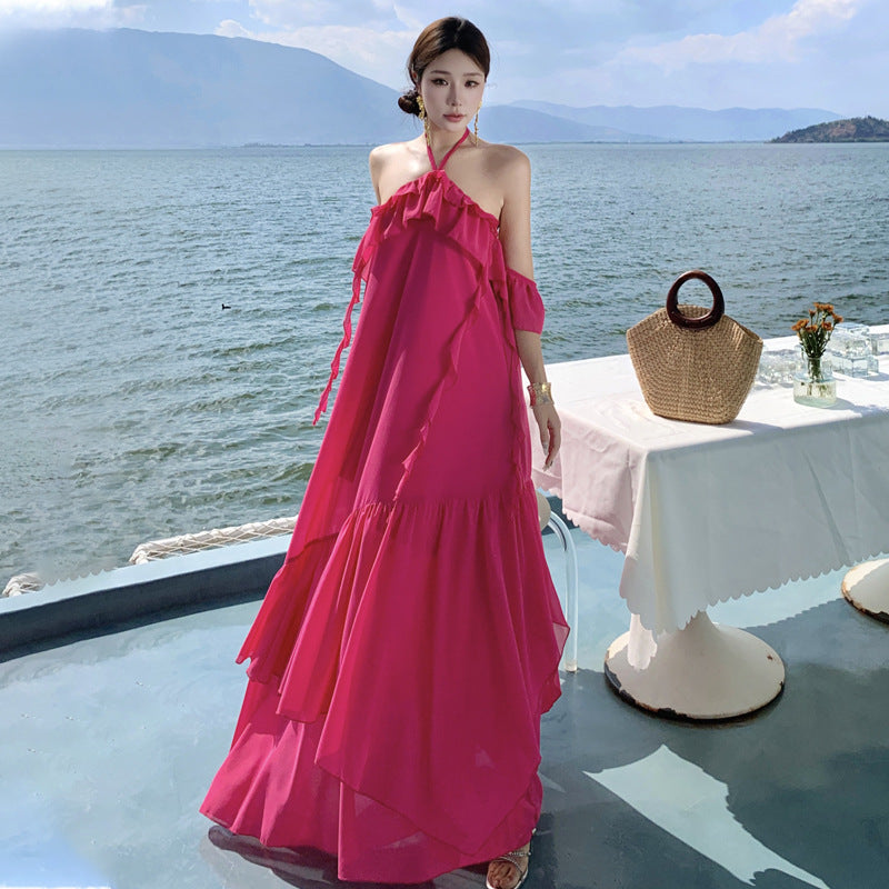 2025 Sanya seaside vacation beach dress pure desire wind sexy backless neck hanging photo exquisite fairy long dress suspender