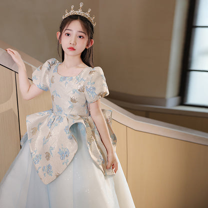 flowersverse Girls' Dress High-End Affordable Luxury Summer Princess Dress Blue Children's Little Host Piano Performance Costume