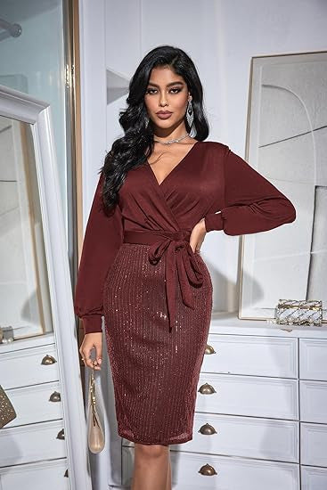 FLOWERSVERSE 2025New   Black Gold Double Spell Solid Color Temperament Commuter High Waist Fashion Sequin Dress