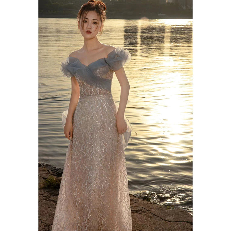 One-word shoulder  banquet evening dress women's 2025 new spring girlfriend bridesmaid engagement toasting dress bridal dress