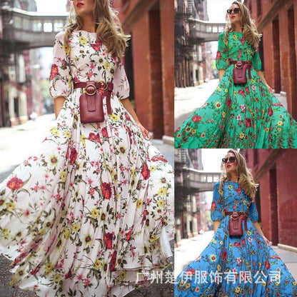 FLOWERSVERSE Cross-border new 2025 women's clothing print , bohemian vacation style print big pendulum dress