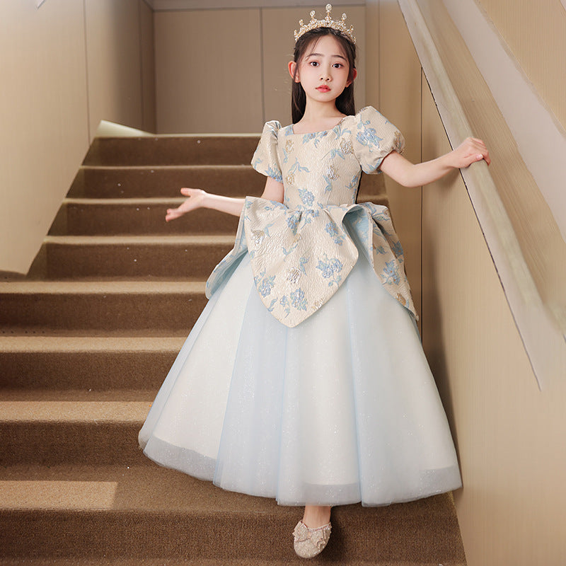 flowersverse Girls' Dress High-End Affordable Luxury Summer Princess Dress Blue Children's Little Host Piano Performance Costume