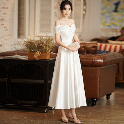 2025 small dinner dress women's shoulder graduation high-end light luxury niche socialite white suspender dress