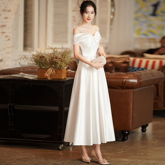 2025 small dinner dress women's shoulder graduation high-end light luxury niche socialite white suspender dress