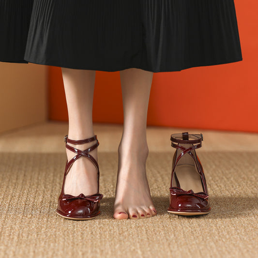 flowersverse  New Mary Jane Lady Style Cross Strap with Bow Low-Cut Chunky Heel Mid Heel Not Tired Feet Pumps Women