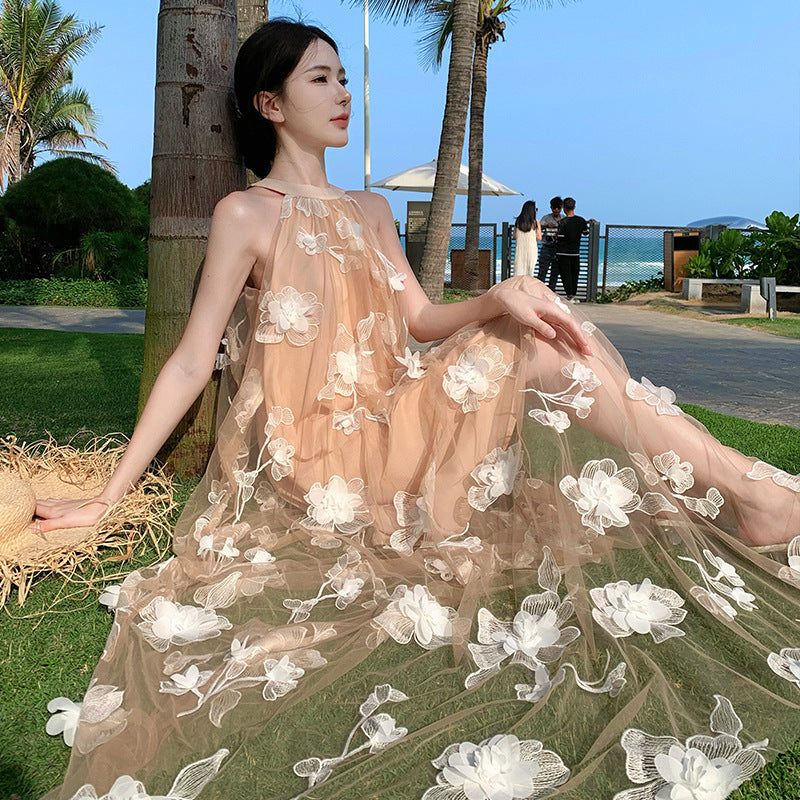 2025 sleeveless neck off-the-shoulder dress for children's summer temperament super fairy morning robe vacation high-end beach dress