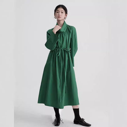 2025 Spring Original Design Green Cotton Waist Adjustable Pleated Long Dress Jacket A0810