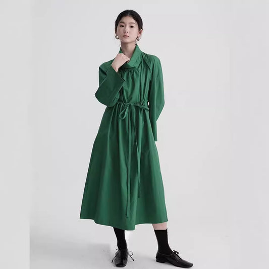 2025 Spring Original Design Green Cotton Waist Adjustable Pleated Long Dress Jacket A0810