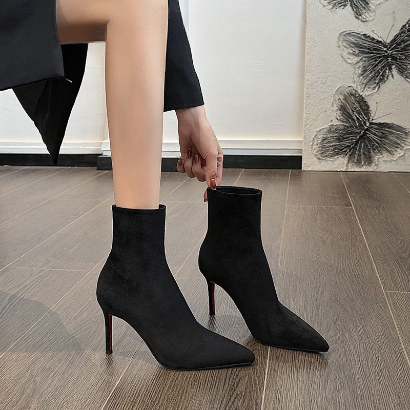 2025  Short boots women's autumn and winter popular new black suede thin boots pointed sexy red sole high heels winter boots