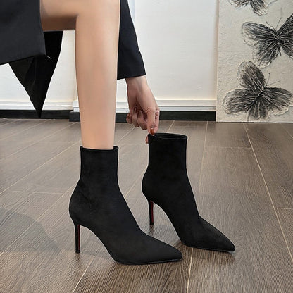 2025  Short boots women's autumn and winter popular new black suede thin boots pointed sexy red sole high heels winter boots