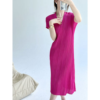 Pleats  summer new high-end design v-neck slim-fitting and thin Miyake dress temperament elegant long dress