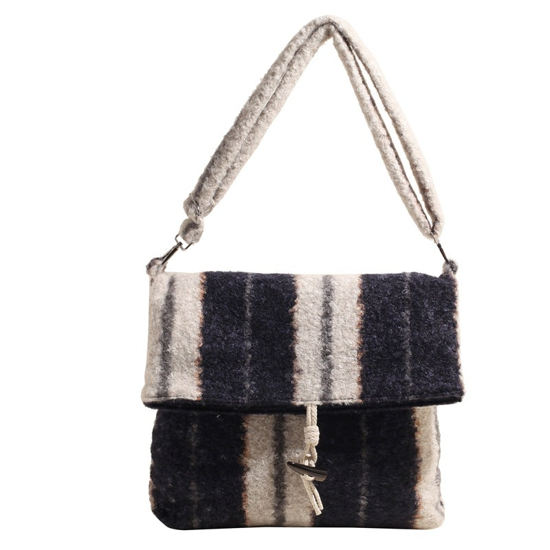 FLOWERSVERSE 2025 popular autumn and winter new striped woolen shoulder bag fashion lamb wool folding horn buckle Korean version fashion messenger bag