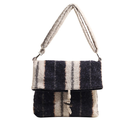 FLOWERSVERSE 2025 popular autumn and winter new striped woolen shoulder bag fashion lamb wool folding horn buckle Korean version fashion messenger bag