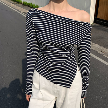2025 spring new ins temperament off-the-shoulder striped bottoming shirt long-sleeved knitted sweater women's top 89301