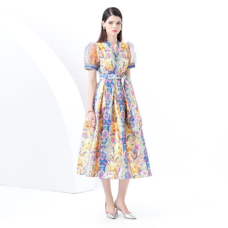 retro court style printing dress women's cross V-neck strap mesh bubble sleeve waist long dress