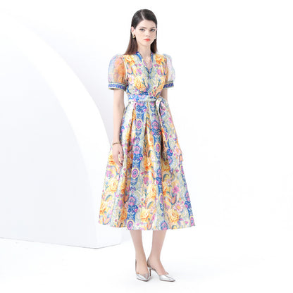 retro court style printing dress women's cross V-neck strap mesh bubble sleeve waist long dress
