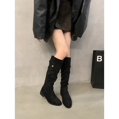 2025  Heel Pile Boots Retro Suede Black Long Women's Boots Western Boots Autumn and Winter Fleece Warm Boots Knight Boots