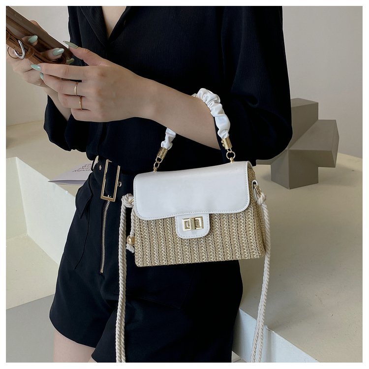 FLOWERSVERSE  Straw Woven Bag Women's Fashionable Beach Weaving Portable Small Square Bag  Summer New Ins Stitching Shoulder Messenger Bag