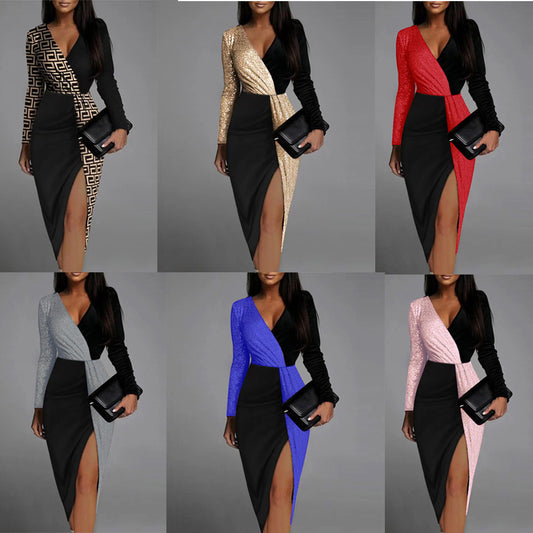 FLOWERSVERSE 2025 New new summer black temperament commuting color matching sequins small temperament high waist v-neck long sleeve dress