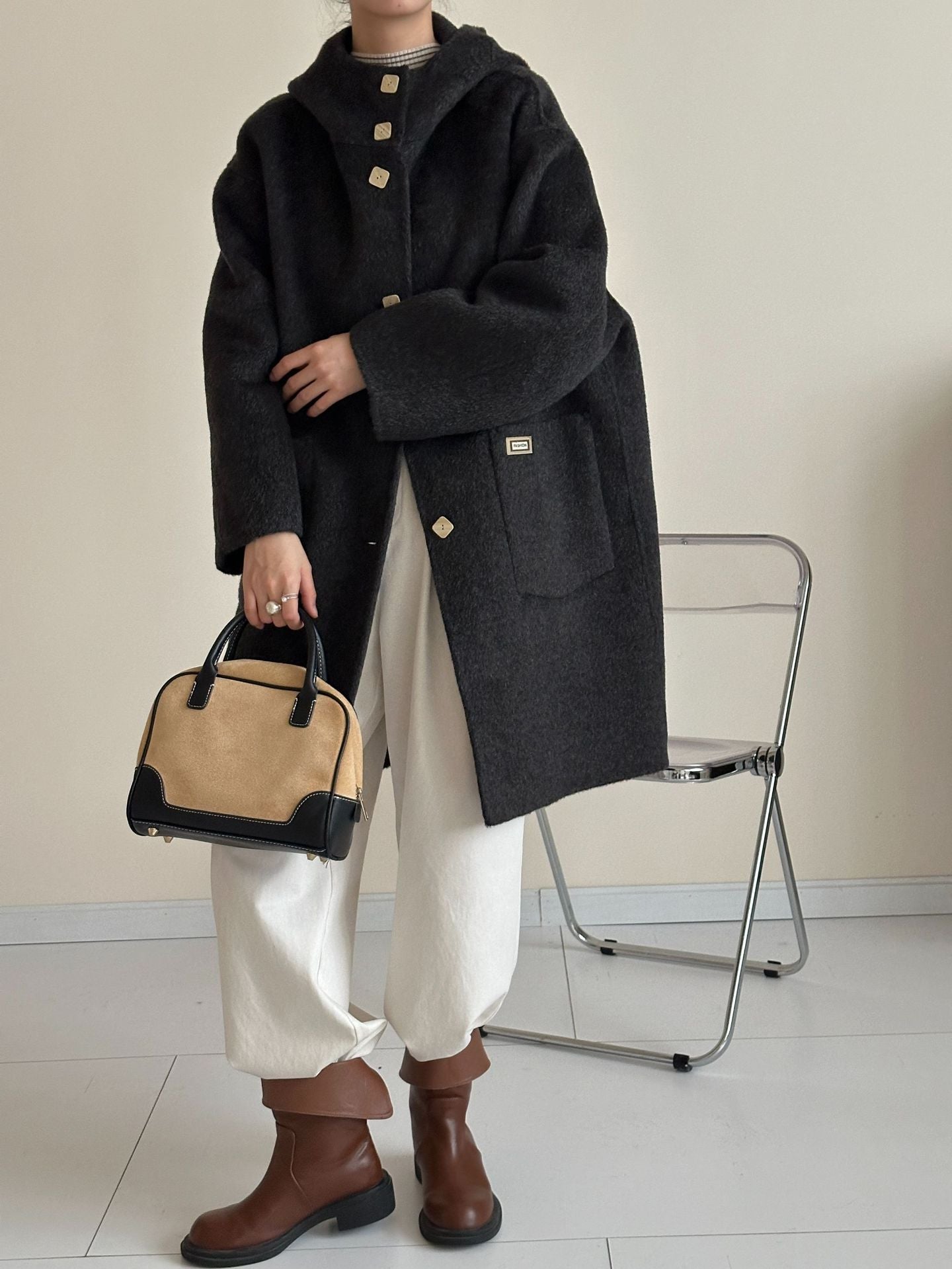 2025 Yak down mulberry silk wool hooded single-row multi-buckle shoulder sleeves extended double-sided woolen cashmere coat autumn and winter