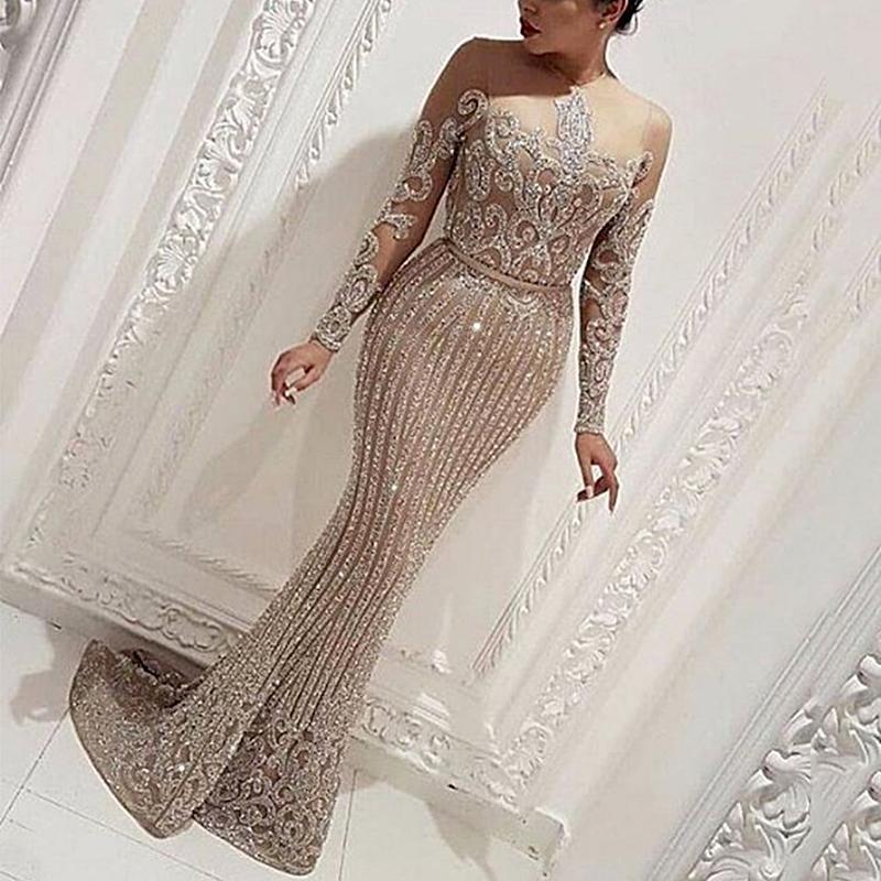 FLOWERSVERSE 2025 New long dress, mid-waist temperament, commuting gold sequins, solid color chest wrap, elastic gold slim dress