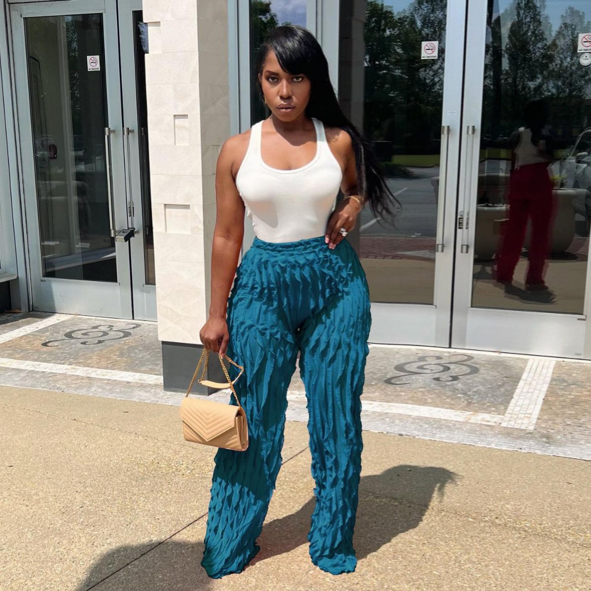 FLOWERSVERSE  Y1260  European and American Women's Clothing Cross-Border Supply Mesh Wave Pattern Ruffled Loose High Waist Wide Leg Trousers