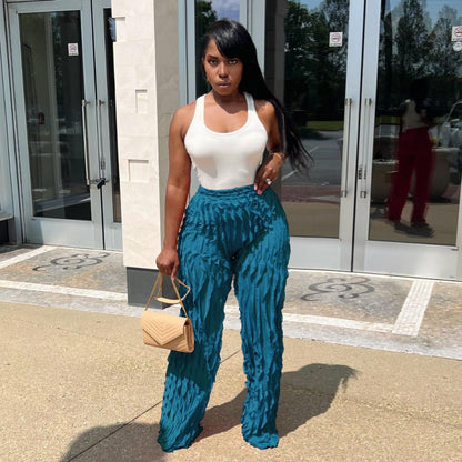 FLOWERSVERSE  Y1260  European and American Women's Clothing Cross-Border Supply Mesh Wave Pattern Ruffled Loose High Waist Wide Leg Trousers