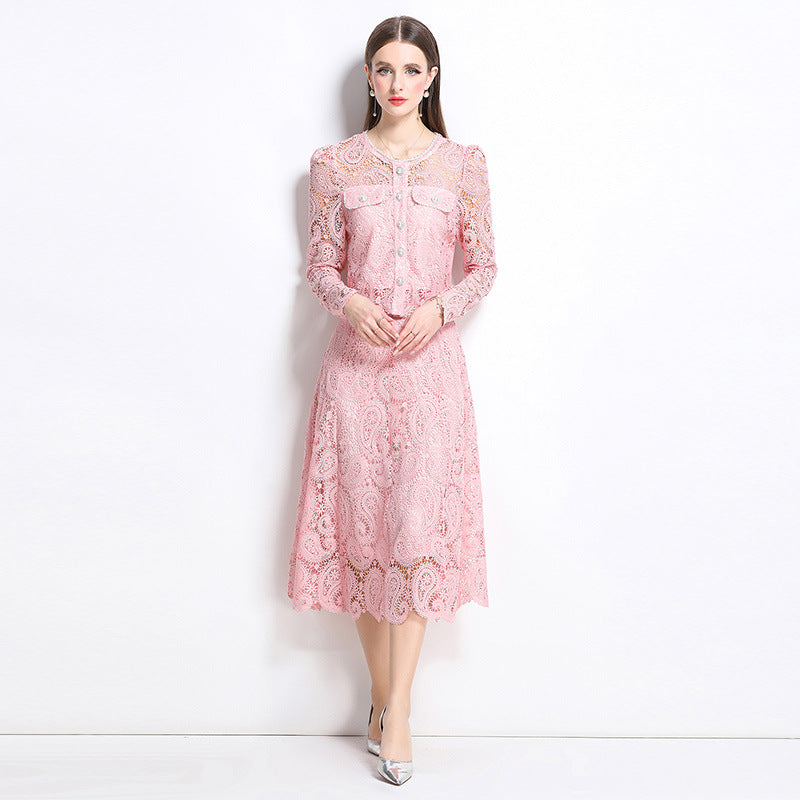Hot style fashion temperament bead embroidery long-sleeved lace top skirt two-piece suit women's high-end dress