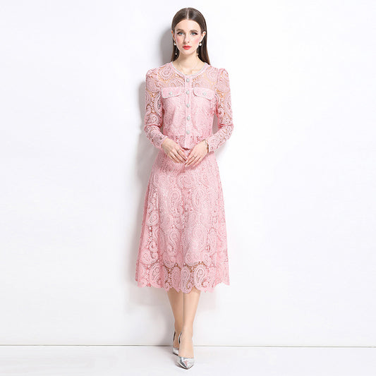 Hot style fashion temperament bead embroidery long-sleeved lace top skirt two-piece suit women's high-end dress