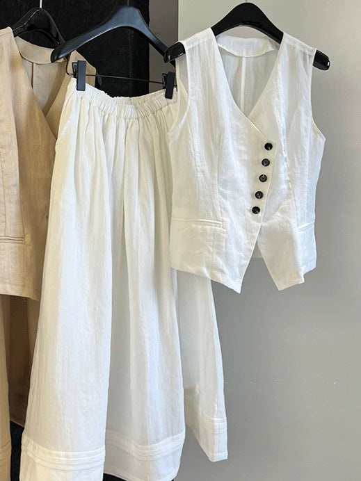 2025 spring and summer designer minimalist old money style suit, linen V-neck vest vest + elastic pendulum skirt